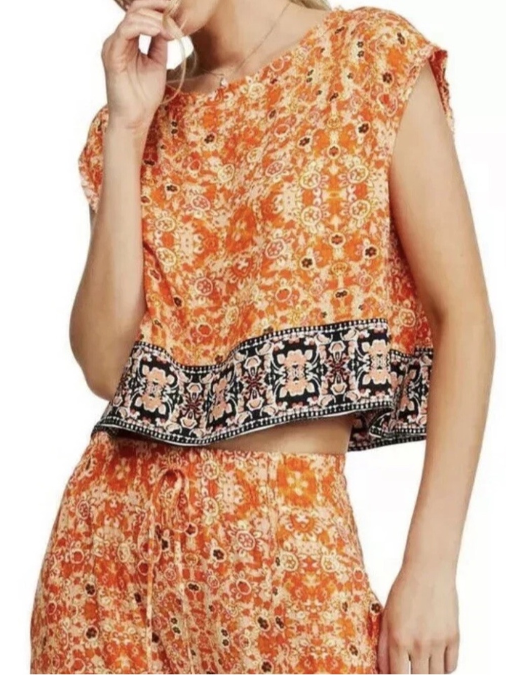 Free People Make My Day Blouse Women's Size S Orange Paisley Cropped